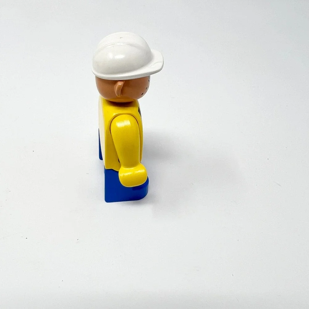 LEGO Duplo Construction Worker Minifigure Yellow Hazard Logo White Hard Hat Blue